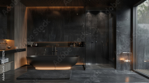 Modern bathroom interior with black bathtub and sleek shower design.