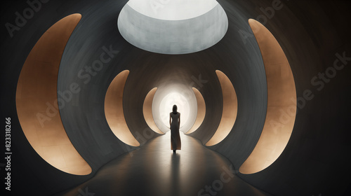 Person Walking in an Illuminated Modernist Tunnel -  ai generative