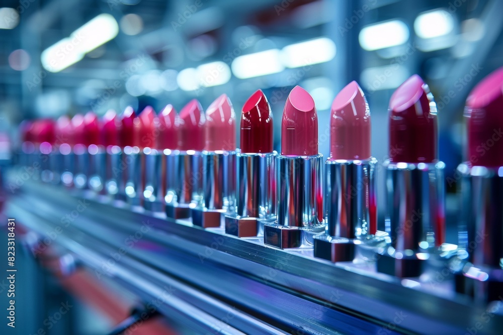 Rows of vibrant lipsticks are aligned on an assembly line in a modern cosmetics factory, emphasizing production. Rows of vibrant lipsticks are aligned on an assembly line in a modern cosmetics factory, emphasizing production.