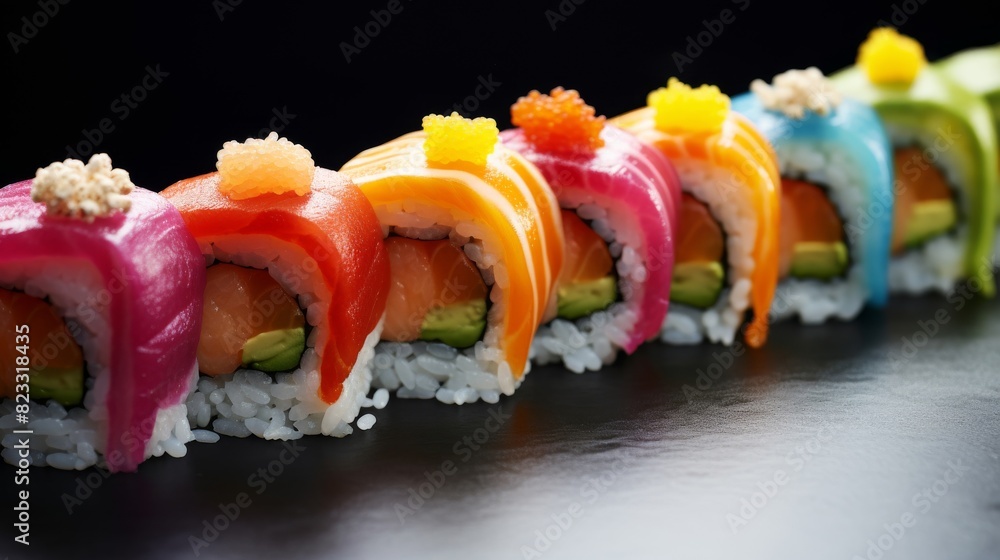 Vibrantly colored sushi roll stunning presentation Vibrantly colored sushi roll stunning presentation