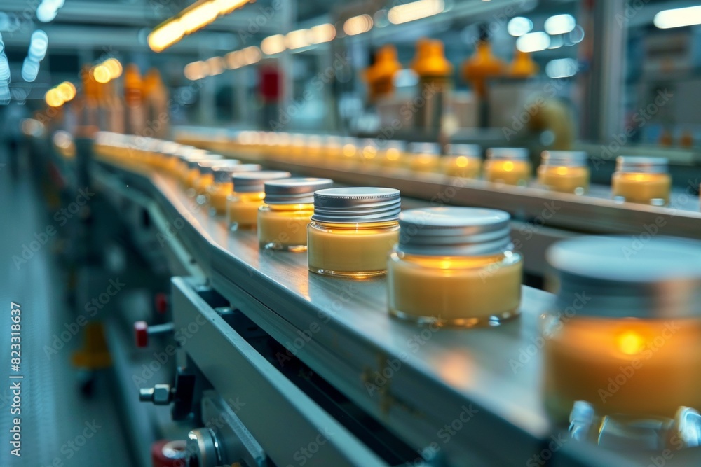 Skincare cream and serum containers lined up on a high-tech automated conveyer belt, ready for packaging and distribution. Skincare cream and serum containers lined up on a high-tech automated conveyer belt, ready for packaging and distribution.