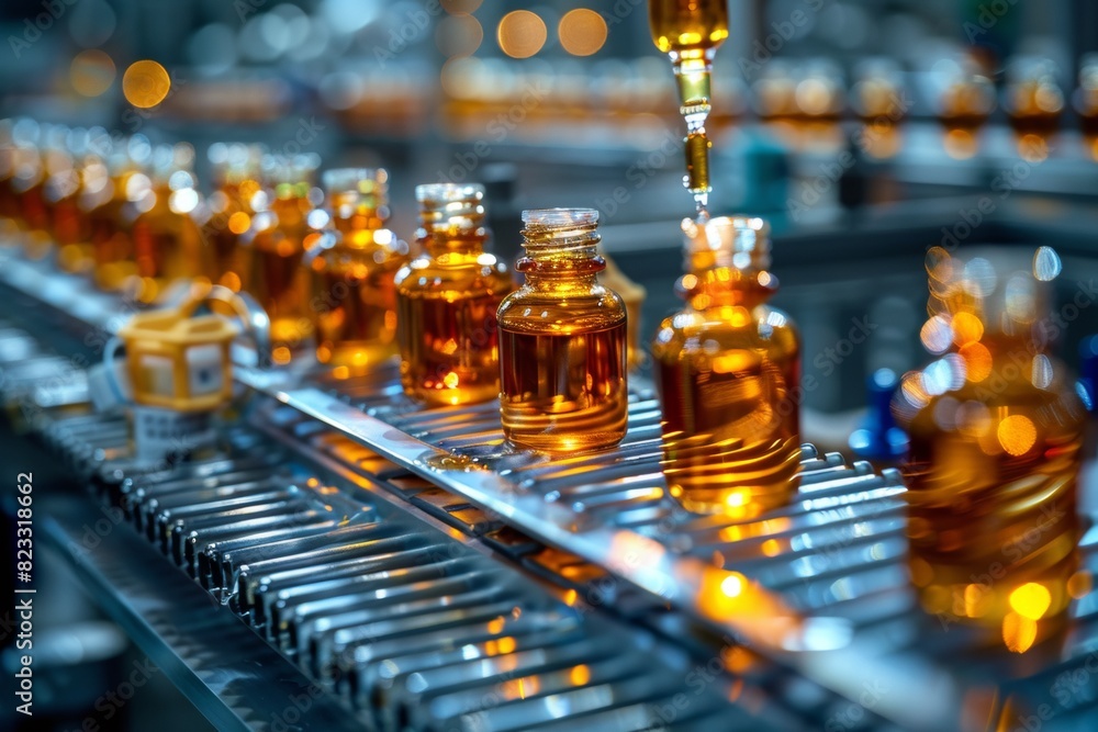 Rows of amber-colored liquid bottles being filled on an assembly line, likely in a pharmaceutical or similar laboratory setting. Rows of amber-colored liquid bottles being filled on an assembly line, likely in a pharmaceutical or similar laboratory setting.