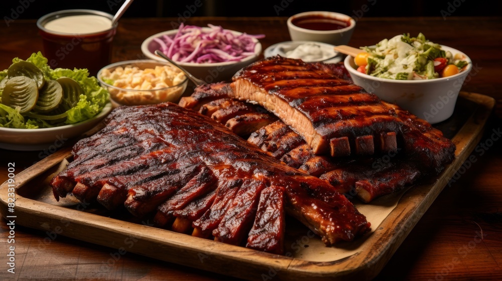 Appetizing BBQ platter with succulent ribs and brisket Appetizing BBQ platter with succulent ribs and brisket