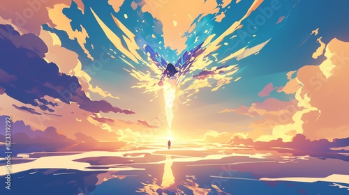 a celestial being descending from the heaven, amazing anime background photo