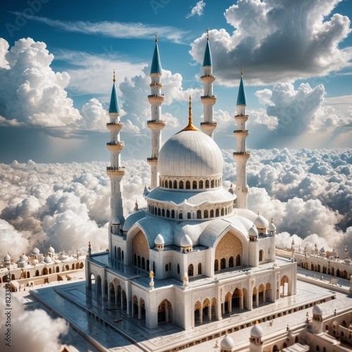 view of a large white and blue mosque with a sky background
