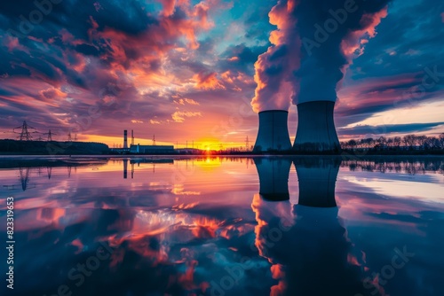 Sunset view of nuclear energy facility by the lakeside photo