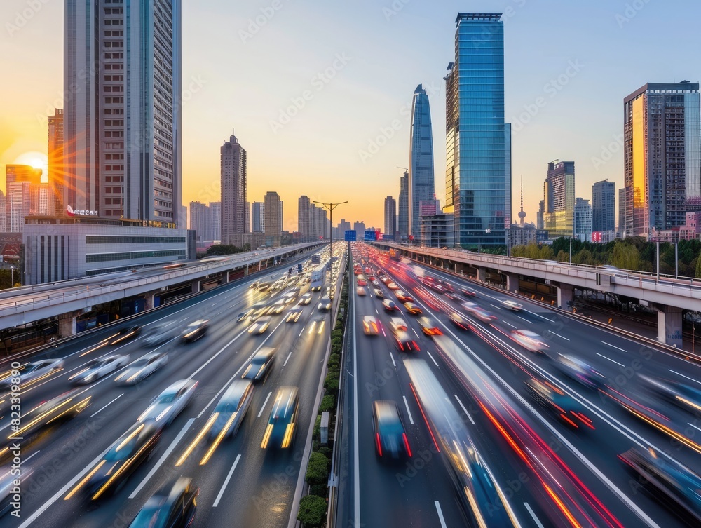 Fototapeta premium Flow of traffic on a evening highway in a city with modern high buildings
