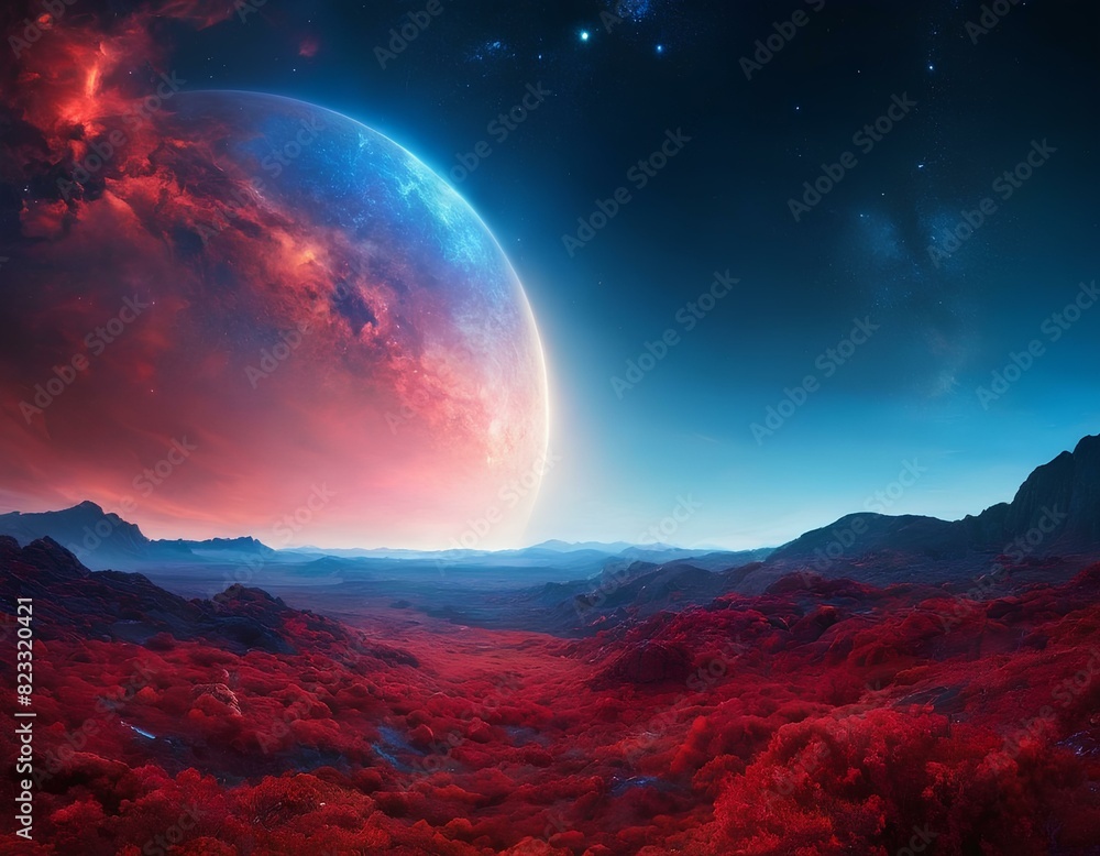 Red and blue abstract background illustration of space planets nebulas moons stars and rocks Red and blue abstract background illustration of space planets nebulas moons stars and rocks