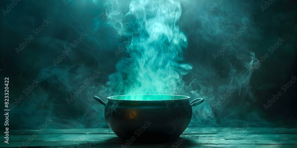 Mysterious cauldron emits an eerie green glow surrounded by atmospheric darkness. Concept Dark Fantasy, Eerie Atmosphere, Mysterious Cauldron, Green Glow, Magical Scene Mysterious cauldron emits an eerie green glow surrounded by atmospheric darkness. Concept Dark Fantasy, Eerie Atmosphere, Mysterious Cauldron, Green Glow, Magical Scene