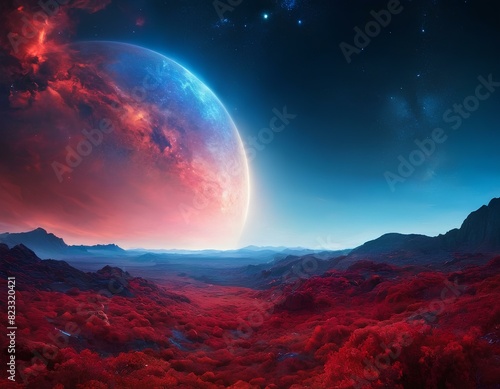 Red and blue abstract background illustration of space planets nebulas moons stars and rocks
