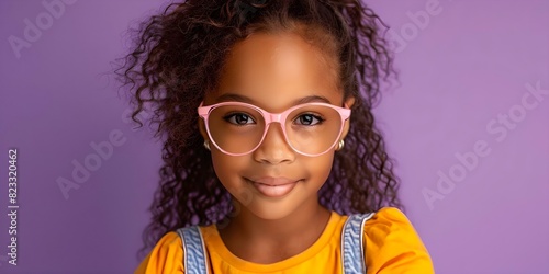 Stylish African girl in pink glasses posing against purple studio background with copy space, selective focus. Concept Fashion Photography, African Beauty, Stylish Accessories, Studio Portrait