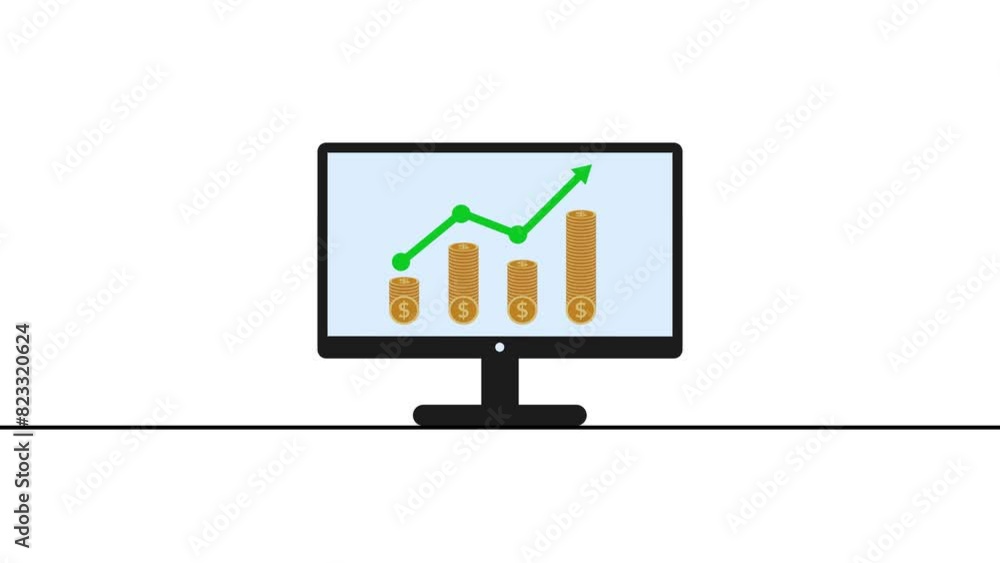 Business graph dollar coin computer monitor animation Business graph dollar coin computer monitor animation