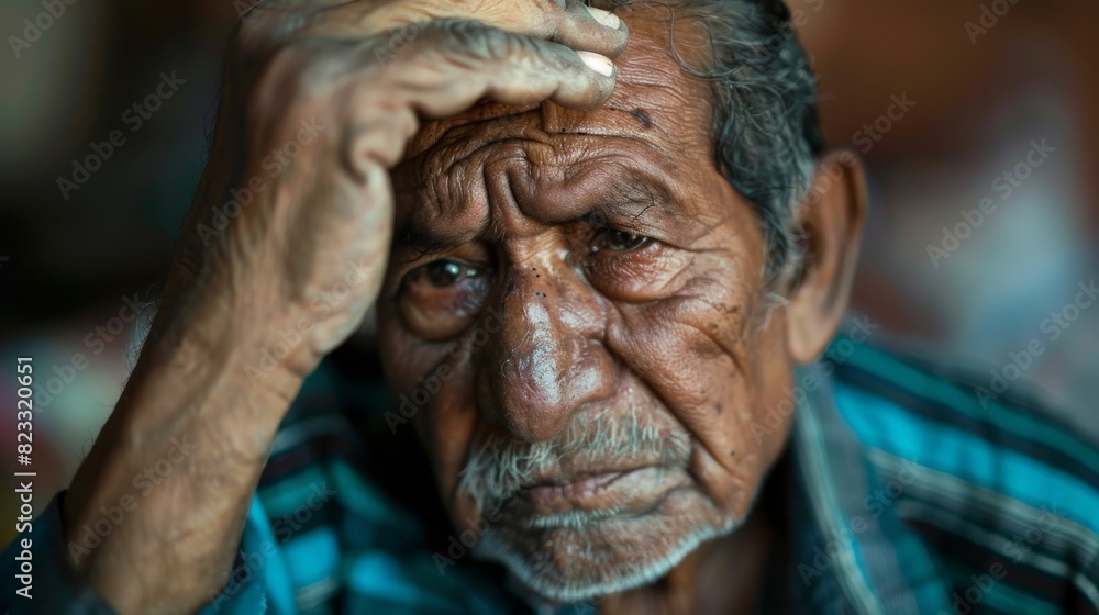 Elderly Latin man in distress, clutching his head in discomfort