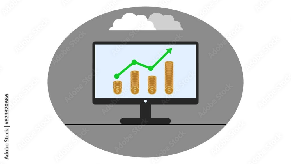 Business graph dollar coin pc monitor animation gray white background Business graph dollar coin pc monitor animation gray white background