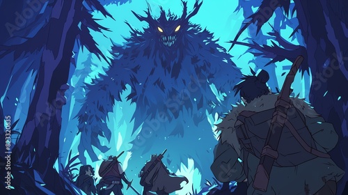 Adventurers Confronting a Forest Monster illustration 