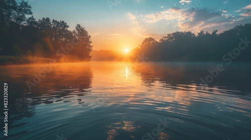 A serene photo of a sunrise over a calm lake, representing new beginnings and hope.