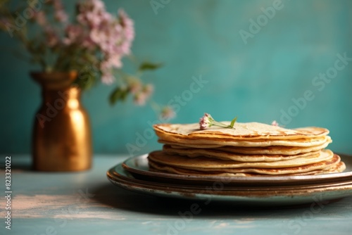 Tasty pancakes in a clay dish against a pastel or soft colors background