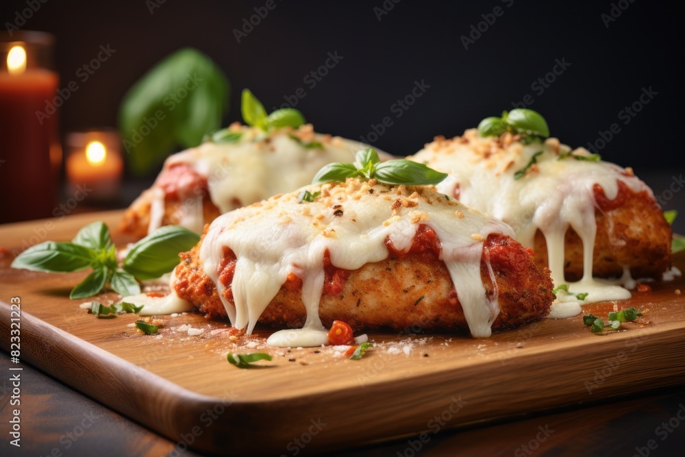 Juicy chicken parmesan on a wooden board against a pastel or soft colors background Juicy chicken parmesan on a wooden board against a pastel or soft colors background
