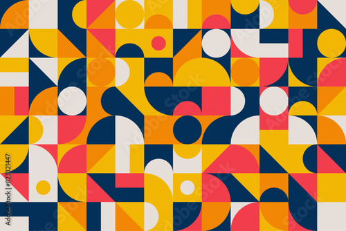 Vibrant geometric artwork with a mix of red, yellow, blue, and white, invoking a playful, mid-century modern feel