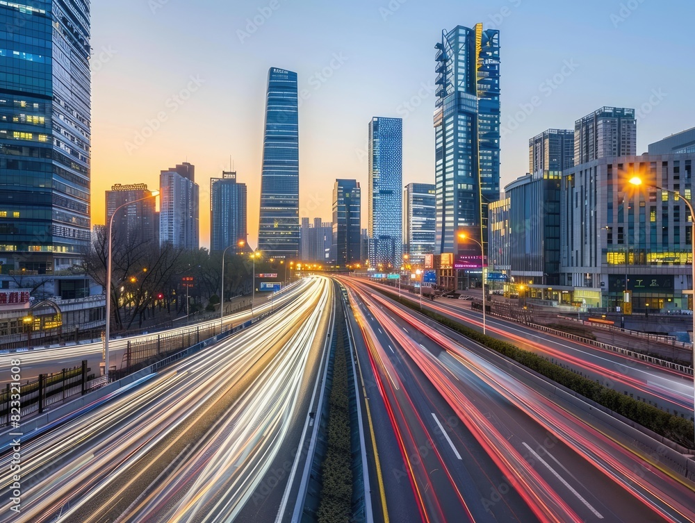 Flow of traffic on a evening highway in a city with modern high buildings