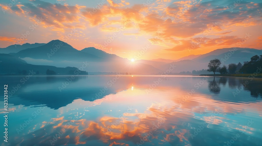 Fototapeta premium A serene photo of a sunrise over a calm lake, representing new beginnings and hope.