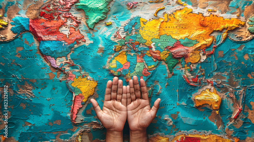 Persons hands positioned on a map of the world  showcasing countries and continents in a global context