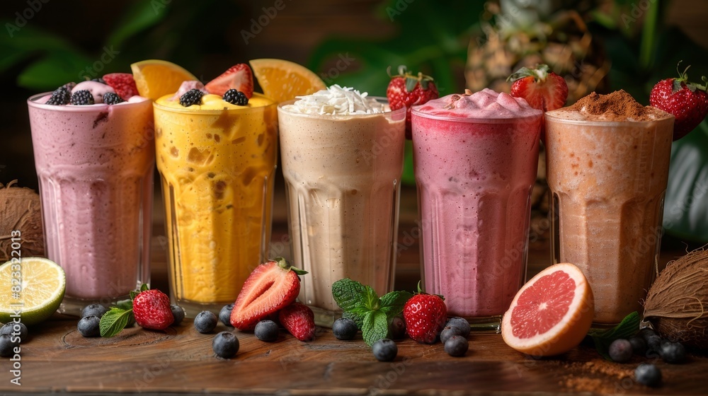 tropical drink selection, assortment of tall glasses filled with various flavored coconut milkshakes, a selection of tropical drinks to enjoy on a summer day tropical drink selection, assortment of tall glasses filled with various flavored coconut milkshakes, a selection of tropical drinks to enjoy on a summer day
