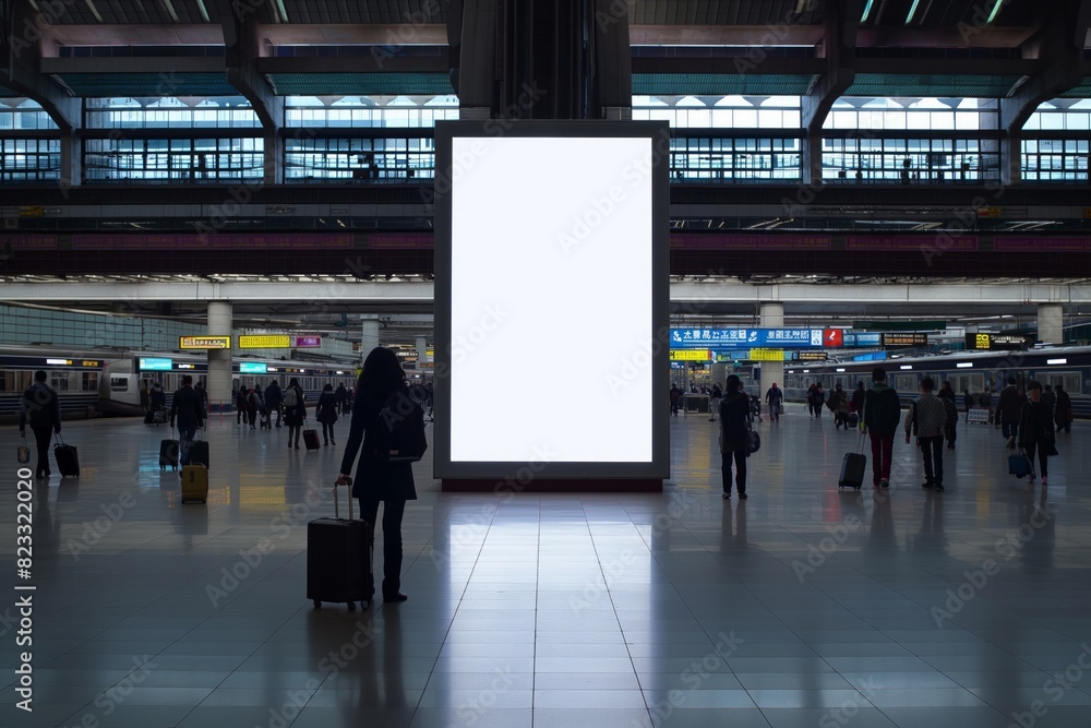 Fototapeta premium Large Blank Billboard in Busy Train Station for Advertisement and Publicity