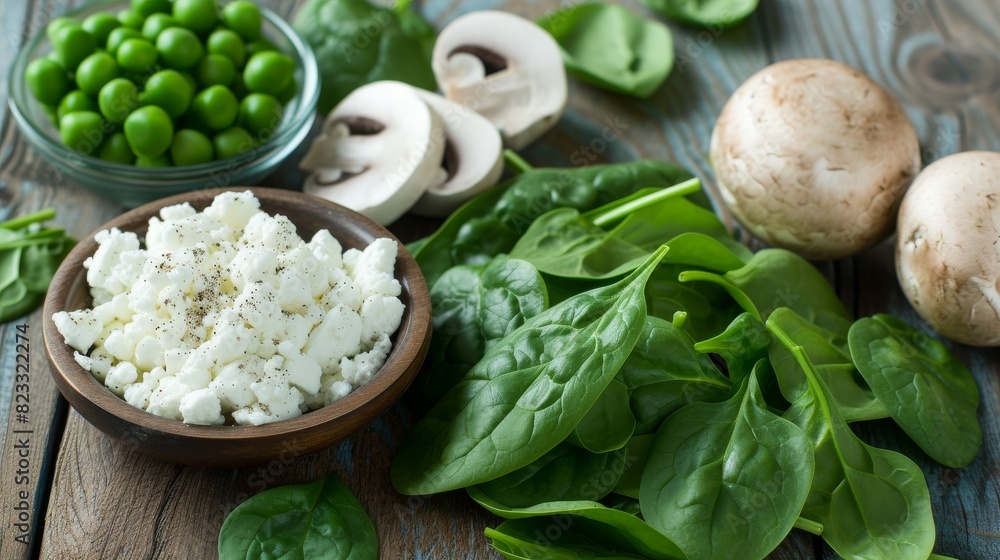A vibrant display of fresh spinach leaves, sliced mushrooms, cottage cheese, and green peas on a rustic wooden table, perfect for healthy culinary themes. A vibrant display of fresh spinach leaves, sliced mushrooms, cottage cheese, and green peas on a rustic wooden table, perfect for healthy culinary themes.