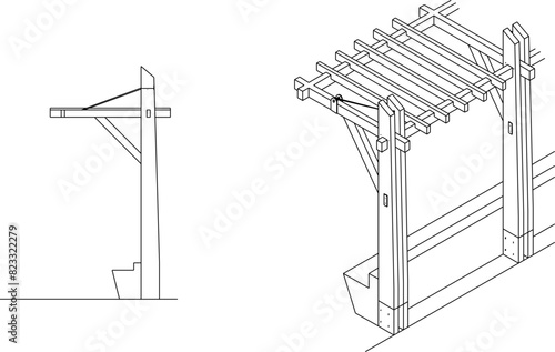 Vector illustration sketch of a wooden pergola design in a city park for children