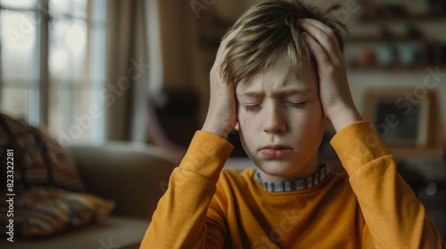 Caucasian boy holds head in hands, showing signs of discomfort due to headache