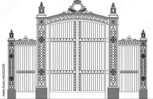 Vector illustration sketch of classic vintage iron fence gate railing design with European details