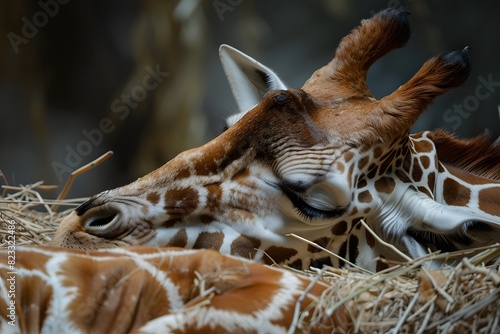 a giraffe is sleeping in the nest