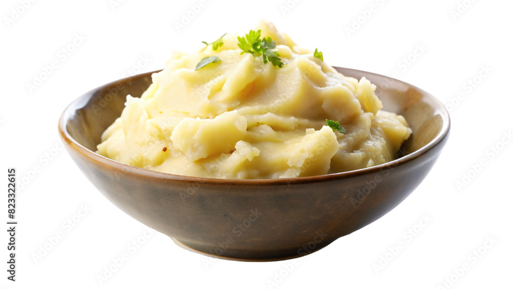 A white bowl of creamy mashed potatoes garnished with fresh parsley for a delicious and vegetarian side dish A white bowl of creamy mashed potatoes garnished with fresh parsley for a delicious and vegetarian side dish