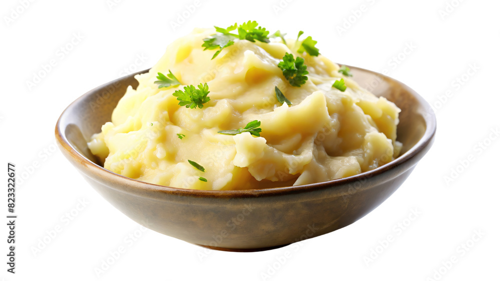 A white bowl of creamy mashed potatoes garnished with fresh parsley for a delicious and vegetarian side dish A white bowl of creamy mashed potatoes garnished with fresh parsley for a delicious and vegetarian side dish