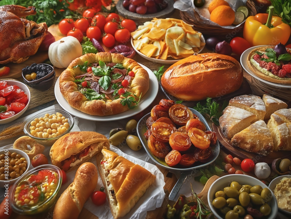 A table full of food with a variety of dishes including pizza, bread, and vegetables. The table is set for a large gathering or celebration