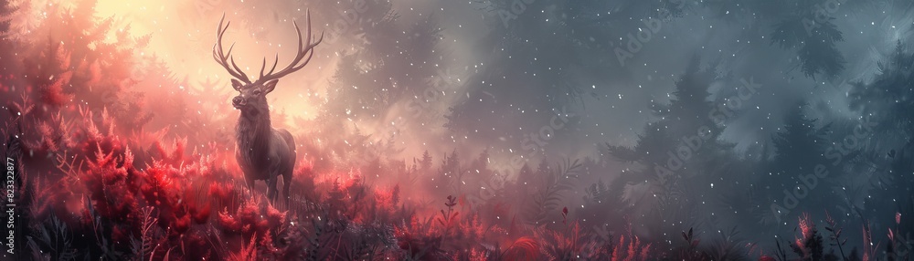 Majestic deer standing in a mystical, foggy forest landscape with vibrant red foliage and ethereal lighting. Majestic deer standing in a mystical, foggy forest landscape with vibrant red foliage and ethereal lighting.