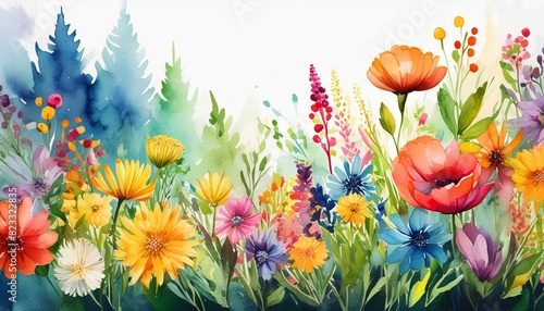 Colorful wildflower border with watercolor