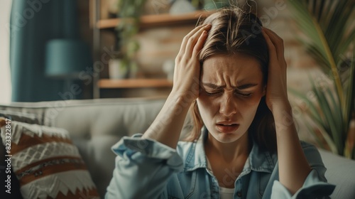 Caucasian woman sitting on couch, holding head in pain