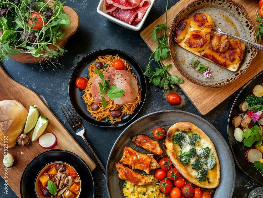 A table full of food with a variety of dishes including a pizza, a salad, and a sandwich A table full of food with a variety of dishes including a pizza, a salad, and a sandwich