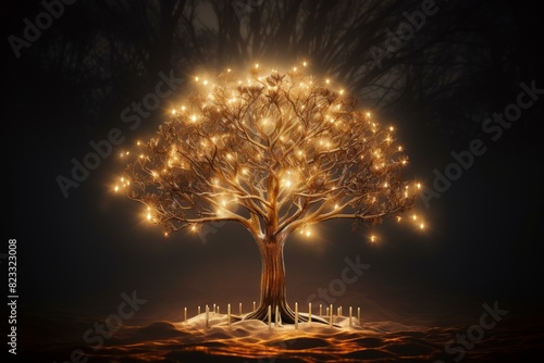 Enchanted tree with glowing lights set against a mystical foggy background