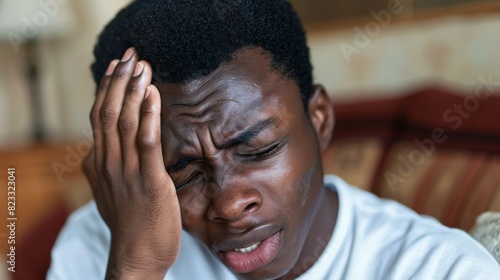 A young black afro man is holding his head in pain, expressing discomfort