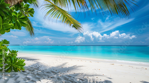 Beautiful tropical beach with white sand palm trees tu