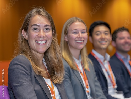 A group of people are smiling and wearing name tags. They are sitting in a room with orange lights