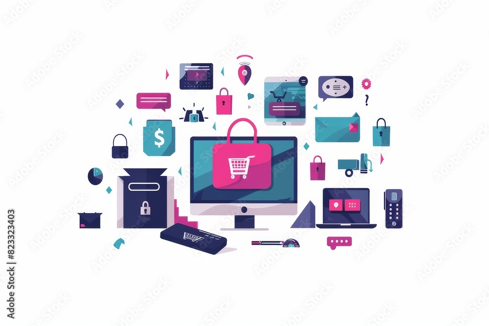 Ecommerce security vector with monitor, shopping cart, and padlock elements in pink, blue, and white, highlighting online protection, technology, and secure shopping Ecommerce security vector with monitor, shopping cart, and padlock elements in pink, blue, and white, highlighting online protection, technology, and secure shopping