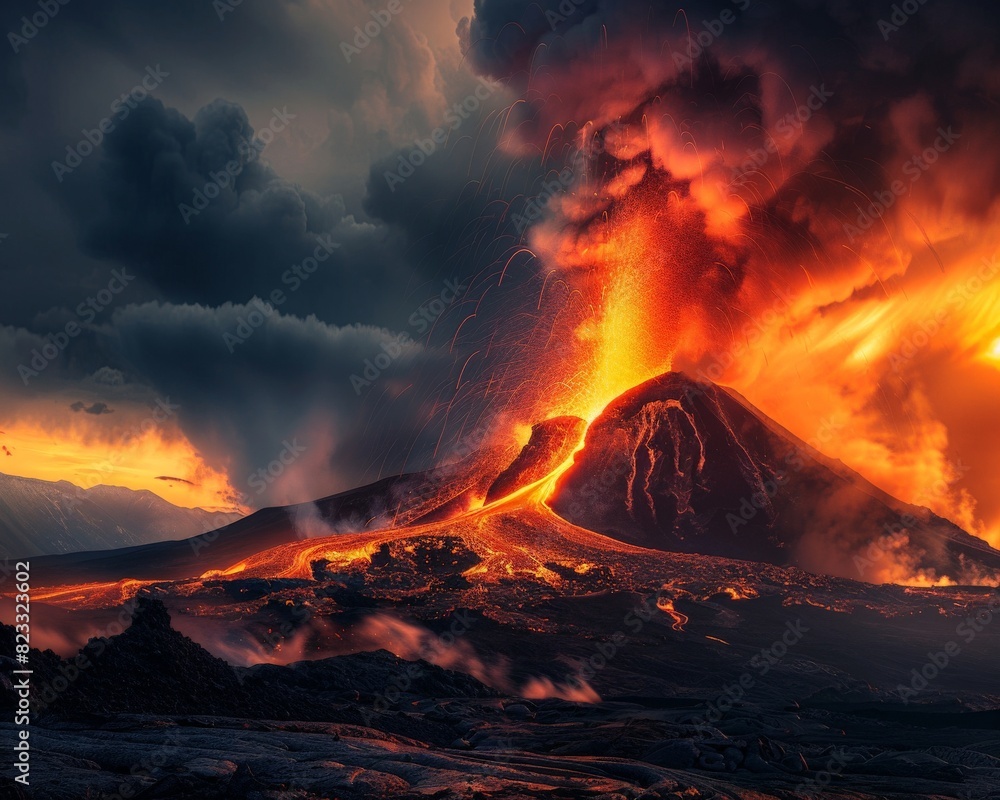 Volcanic eruption with lava flowing, dark skies, ash clouds, intense glow, high definition 