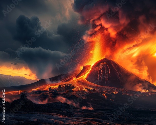 Volcanic eruption with lava flowing, dark skies, ash clouds, intense glow, high definition  photo