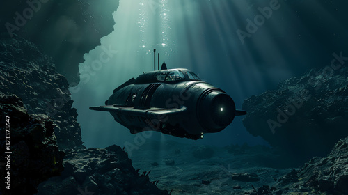 Majestic undersea vehicle glides through serene waters, bathed in a curtain of light. photo