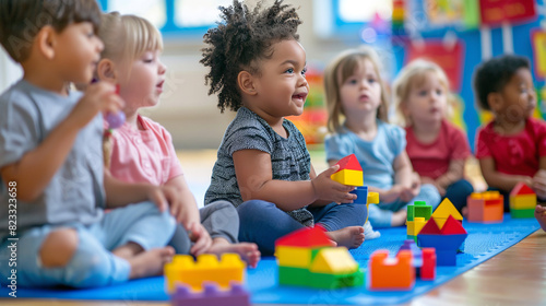 A group of preschoolers sitting on a mat, playing with colorful blocks and learning basic shapes.