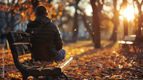 A dejected man sits alone on a park bench, autumn leaves scattered, sunset casting a golden glow, high-angle shot, somber mood, soft light  photo